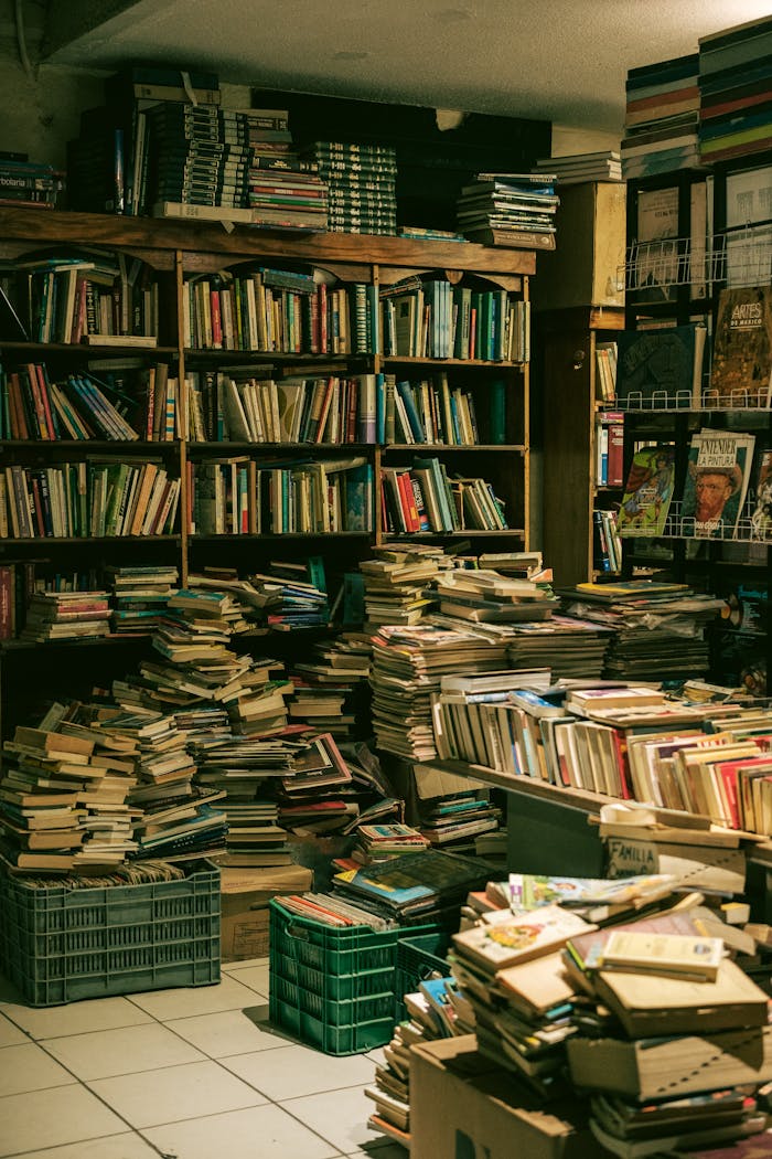 A bustling bookstore filled with stacks of books and wooden shelves, perfect for literature enthusiasts.